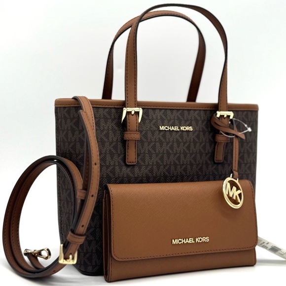 Michael Kors Jet Set Travel Extra-Small Top-Zip lote Bag & Trifold Wallet Brown - Picture 1 of 12